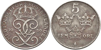 Швеция 5 эре 1950 Густав V (1907-1950) KM 812 железо 115-923