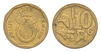 ЮАР 10 центов 2005 герб, цветок алоэ KM 292 сталь плакированная бронзой 4621-1057