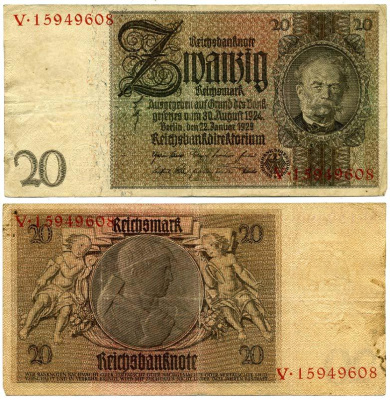 ГЕРМАНИЯ 20 РЕЙХСМАРОК 1929 Pick 181a бумага 3295-77-2