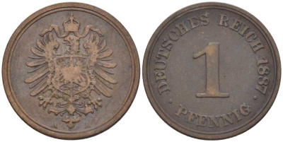 ГЕРМАНИЯ 1 ПФЕННИГ 1887 A, СТАРОГЕРБОВКА KM 1, J. 1, Weege 1 медь 206-1251