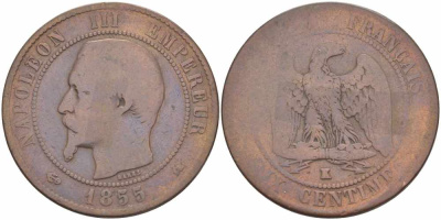Франция 10 сантимов 1855 K, Наполеон III (1852-1870) KM 771.5, Le Franc 133.27 бронза    4680-514
