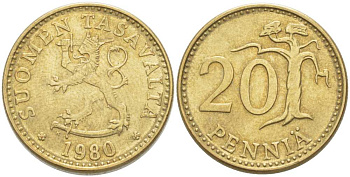 ФИНЛЯНДИЯ 20 ПЕННИ 1980 К KM 47 алюминиевая бронза 217-1141