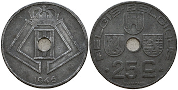 Бельгия 25 сантимов 1946 Belgie - Belgique KM 132 цинк 33-1232