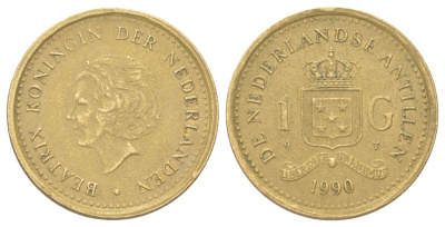 Нидерландские Антильские острова (Нидерландские Антилы) 1 гульден 1990 Беатрикс (1980-2013) KM 37 сталь плакированная бронзой 4624-456