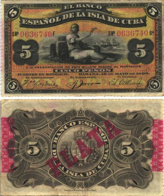 Куба 5 песо 1896 Испанская Администрация, красная надпечатка PLATA Pick 48b бумага XF 7191-23-2-2