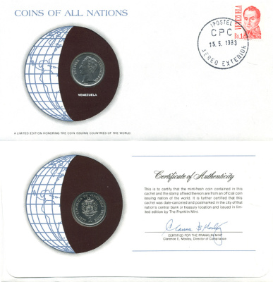 Венесуэла 1 боливар 1977 Симон Боливар конверт с маркой первого дня гашения, Coins of Nations KM 52 никель UNC 4294-75-3