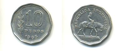 Аргентина 10 песо 1965 Гаучо KM 60 никелированная сталь 86-1031