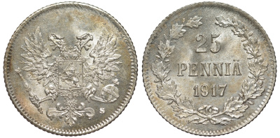 Россия для Финляндии 25 пенни 1917 S, временное правительство, без короны KM 19, Биткин 2 серебро 75-1447