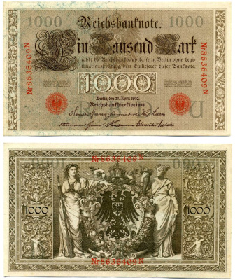 Германия 1000 Марок 1910 21 апреля 1910, Буква U, номер семизначный, серия N, Выпуск (10.1922) Pick 44b, Розенберг 45с бумага 8618-23-1-2