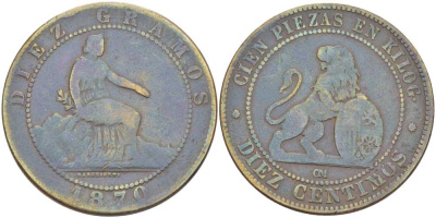 Испания 10 сентимо 1870 ОМ, лев со щитом KM 663 (Y54) медь 180-1216