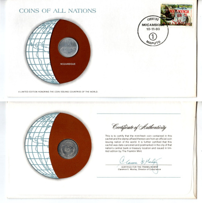 Мозамбик 50 сентаво 1980 конверт с маркой первого дня гашения, Coins of Nations KM 98 алюминий UNC 4294-1-2