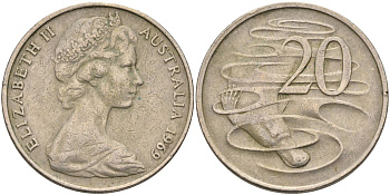 Австралия 20 центов 1969 Елизавета II (1952-2022), утконос KM 66 медно-никель 4131-845