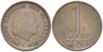 НИДЕРЛАНДЫ 1 ЦЕНТ 1967 ЮЛИАНА (1948-1980) KM 180 бронза 214-1039