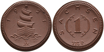 Саксония 1 марка 1921 парусник J. N 55 фарфор 1094-4-54