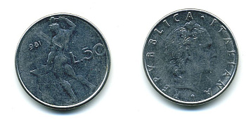 ИТАЛИЯ 50 ЛИР 1981 R, КУЗНЕЦ KM 95.1 нержавеющая сталь 41-1124