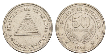 Никарагуа 50 сентаво 1997 KM 88 хромированная сталь UNC 4640-1044