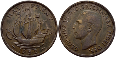 Великобритания 1/2 пенни 1952 Георг VI (1936-1952) KM 868, Spink 4118 бронза 3459-157