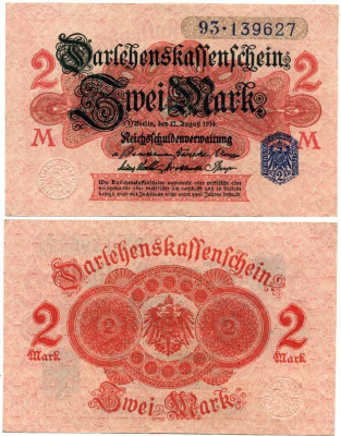 ГЕРМАНИЯ 2 МАРКИ 1914 РОЗОВАЯ БУМАГА, СИНЯЯ ПЕЧАТЬ, СЕРИЯ 93 Pick 55, Rosenberg 52d бумага 7523-52-4