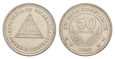 Никарагуа 50 сентаво 1997 KM 88 хромированная сталь UNC 4640-1044