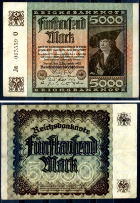 Германия 5000 марок 1922 2 декабря 1922, водяной знак E, серия O, буква Ja Pick 81 a бумага 8589-13-3-1