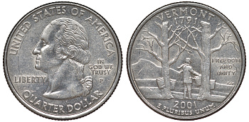 США 25 центов = квотер 2001 Р, серия штаты США, Вермонт KM 321 медь плакированная медно-никелем 4538-1211