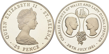 Остров Святой Елены 25 пенсов 1981 королевская свадьба принца Чарльза и леди Дианы Спенсер KM 9а серебро PROOF 00-00