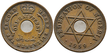 Нигерия 1/2 пенни 1959 Елизавета II (1952-), Британский протекторат KM 1 бронза 4387-349