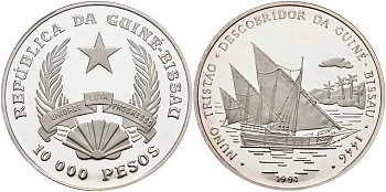 Гвинея-Бисау 10000 песо 1991 Нуну Триштан - первооткрыватель Гвинеи-Бисау KM 27 серебро PROOF 1098-2-31
