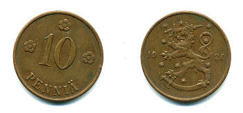 Финляндия 10 пенни 1926 республика (1918-1962) KM 24 медь 46-1542