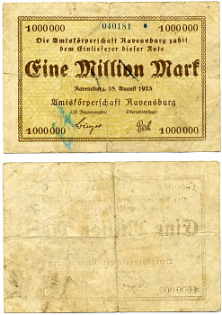 Германия, Равенсбург 1000000 марок 1918 нотгельд, земля Баден-Вюртемберг, 18 августа 1923 Keller 4454а бумага 2193-28-3-2
