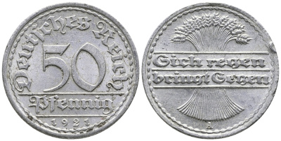 ГЕРМАНИЯ 50 ПФЕННИГОВ 1921 A KM 27, J. 301 алюминий 24-1033