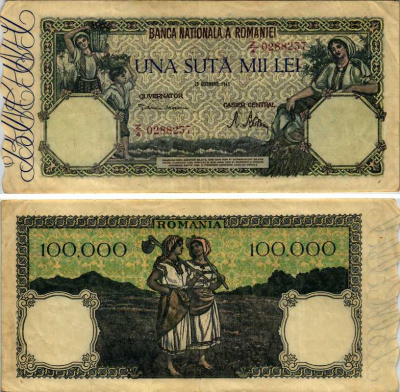 Румыния 100000 леев 1946 крестьянки, 20 декабря 1946 Pick 58a бумага 8606-41-2