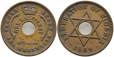 Нигерия 1/2 пенни 1959 Елизавета II (1952-), Британский протекторат KM 1 бронза 4387-349