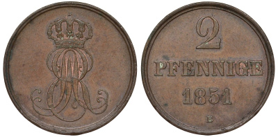 Ганновер 2 пфеннига 1851 B, Эрнст Август (1837-1851) KM 202.1, AKS 124, J. 75 медь 72-414