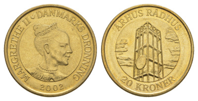 Дания 20 крон 2002 Башня Ратуши, Орхус KM 889 алюминиевая бронза UNC 4657-1235