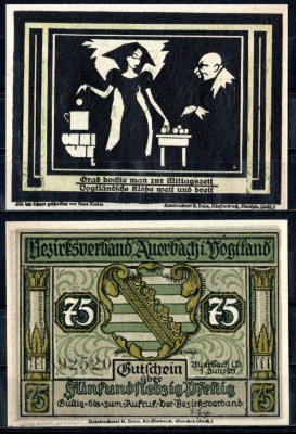 Ауэрбах-им-Фогтланд (Саксония) 75 пфеннигов 1921 Mehl Grabowski 53.2-5/6 бумага UNC (пресс) 7556-41-2-2