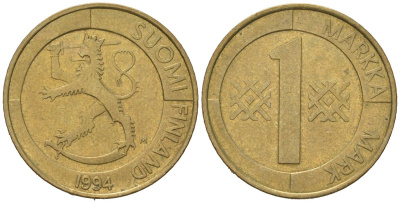 Финляндия 1 марка 1994 M KM 76 алюминиевая бронза 92-113
