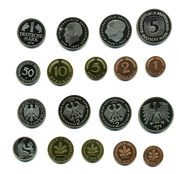 ФРГ набор из 9 монет 1978 G (1, 2, 5, 10, 50 пфеннигов, 1, 2, 2, 5 марок) PROOF N5-28