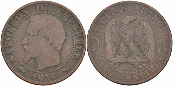 ФРАНЦИЯ 5 САНТИМОВ 1854 W, НАПОЛЕОН III (1852-1870) KM 777.7, LE FRANC 116.15 бронза 108-254