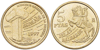 Испания 5 песет 1997 Хуан Карлос I (1975-2014), Балеарские острова, всадник KM 981 алюминиевая бронза 214-127
