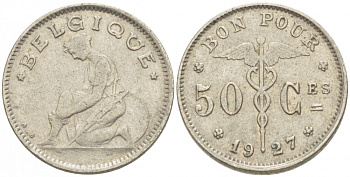 БЕЛЬГИЯ 50 САНТИМОВ 1927 BELGIQUE KM 87 никель 261-1612