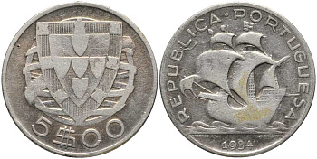 Португалия 5 эскудо 1934 КМ 581 серебро 202-415