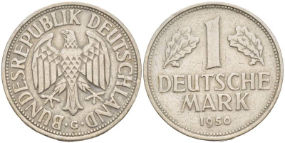 ФРГ 1 марка 1950 G KM 110, J. 385 медно-никель 4551-1232