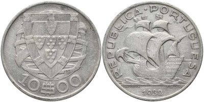 ПОРТУГАЛИЯ 10 ЭСКУДО 1932 ПАРУСНИК КМ 582 серебро 1519-735