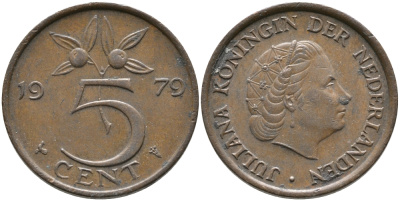 Нидерланды 5 центов 1979 Юлиана (1948-1980) KM 181 бронза 65-1234