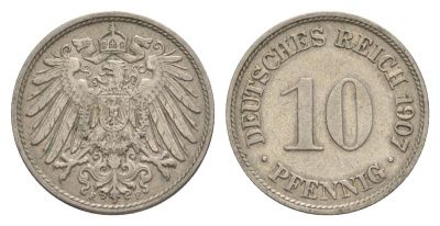 Германия 10 пфеннигов 1907 F, Вильгельм II (1888-1918) KM 12, J. 13 медно-никель 4640-311