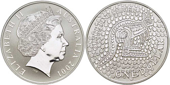 Австралия 1 доллар 2001 кенгуру, искусство аборигенов KM 590 серебро  UNC  1078-3-24