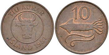 Исландия 10 эйре 1981 кальмар KM 25 бронза 4564-1249
