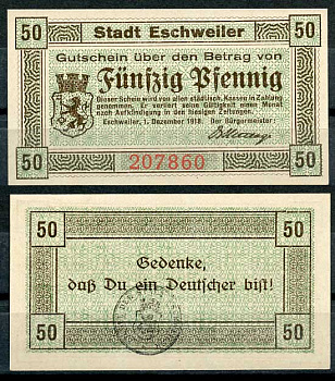 Германия, Эшвайлер 50 пфеннигов 1918 нотгельд, 1.12.1918 бумага UNC (пресс) 8614-47-1-2