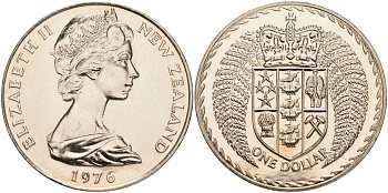 Новая Зеландия 1 доллар 1976 герб Новой Зеландии, Елизавета II (1952-2022) KM 38.2 медно-никель UNC 4552-1131